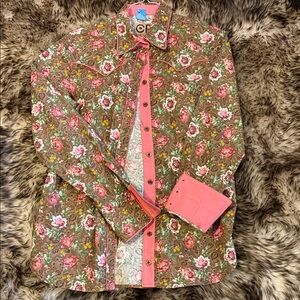 CR Ranchwear Floral Button Down Shirt with Pink and Brown Accents